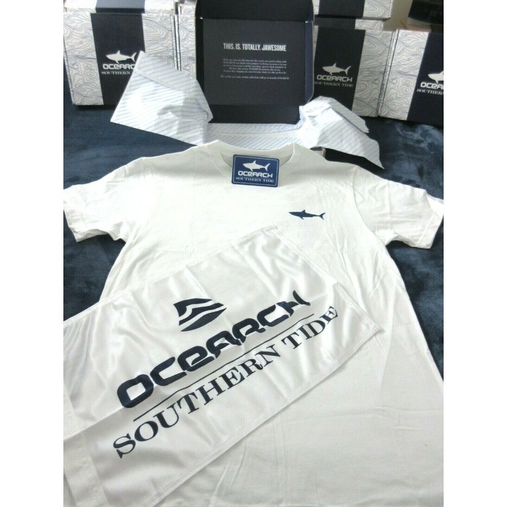 Southern Tide x Ocearch Mens SS Shark T shirt White Blue Boat Flag Gift Box NEW - Picture 1 of 6